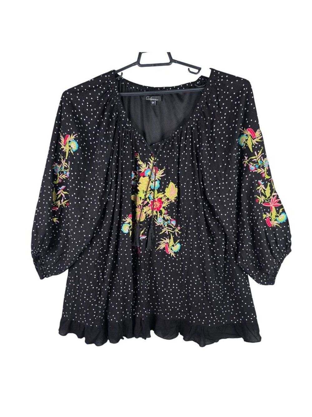 Womens Caleoas Black Polka Dot Embroidered Blouse 3/4 Sleeves & Lace Hem 3X